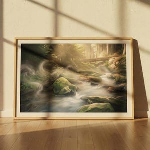 May include: A framed landscape art print depicts a serene forest scene. A stream flows through the center, surrounded by moss-covered rocks and lush greenery. Sunlight filters through the trees, creating a warm, inviting atmosphere.