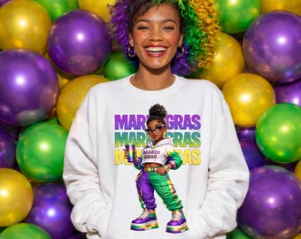 Afro Black Girl Mardi Gras PNG, Sublimation Design (Digital Download)