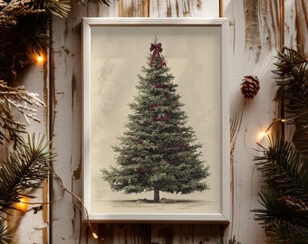 Vintage Christmas Tree Print, Retro Holiday Wall Art, Festive Xmas Decor Printable, Vintage Tree Digital Download, Classic Wall Art