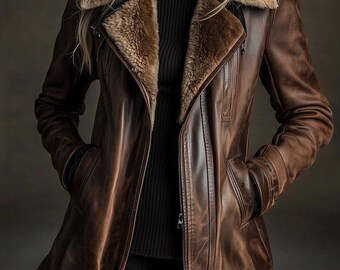 Manteau vintage en laine de mouton pour femme - Veste d'hiver chaude avec col en fourrure