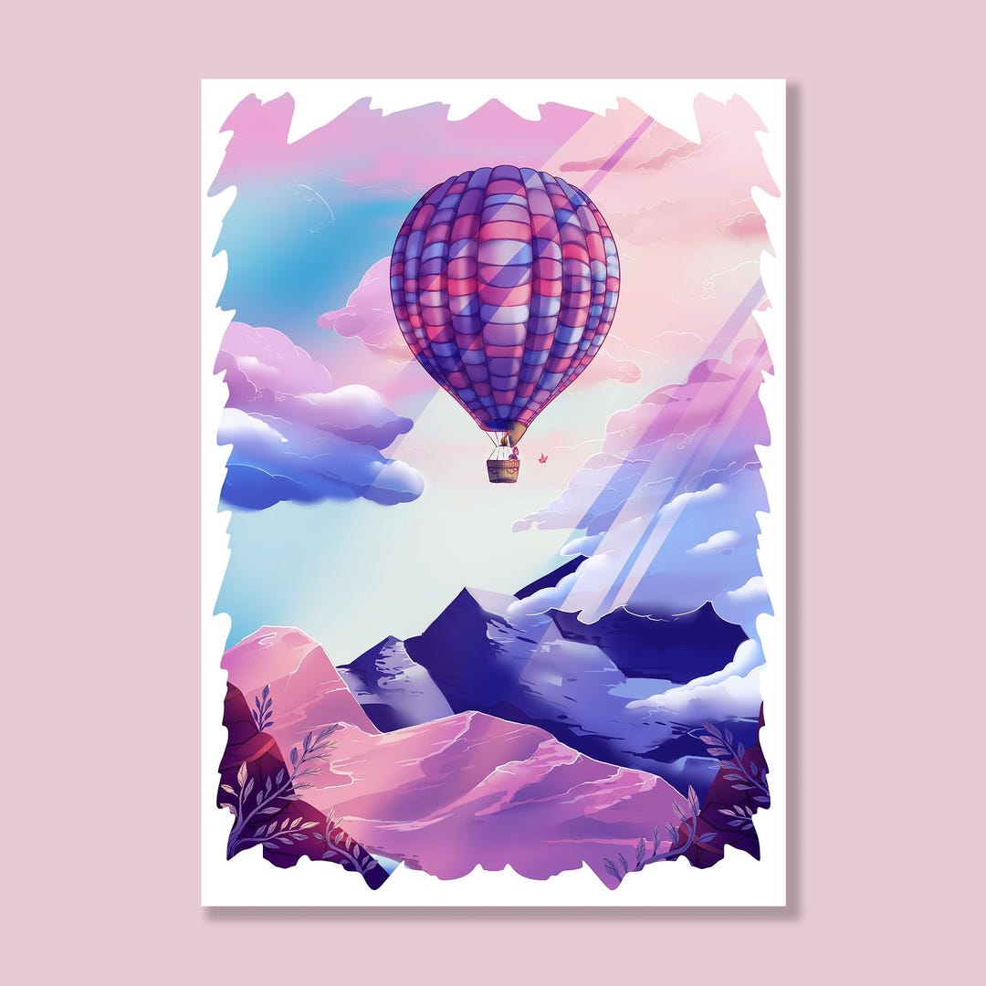 Illustrated Poster A3 A4 A6 Wall Decoration Print Art Pink Hot Air ...