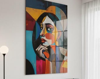 Abstract Woman Face Tempered Glass Wall Art, Modern Cubist Female Portrait, Colorful Glass Art, Living Room Office Decor, Home Gift