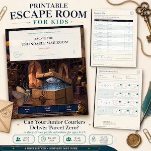 May include: A printable escape room game for kids titled Escape the Unfindable Mailroom, featuring a box with a rain cloud, a moth, and game sheets including a Dispatch Slip and The Crooked Stamp Press puzzle, accompanied by a vintage key and quill.
