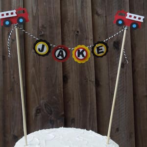 Cake Banner Bunting Centerpiece with Fire Trucks for Firefighter Birthday Party Cake, personalized