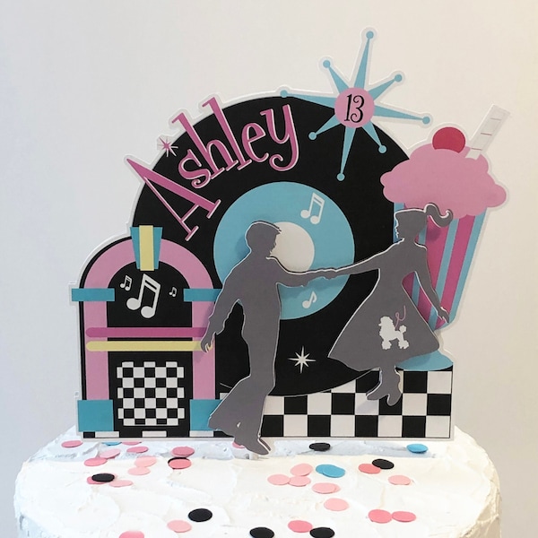 Personalized Sock Hop Cake Topper, Retro 1950s Diner Cake Topper, Printed Die Cut Topper