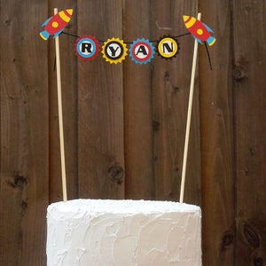 Mini Cake Banner / Bunting Centerpiece for Rocket Spaceship Birthday Party, Personalized image 1