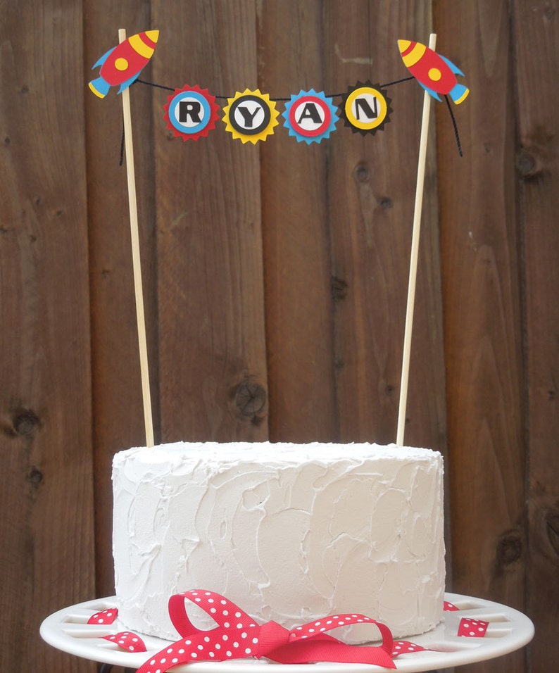 Mini Cake Banner / Bunting Centerpiece for Rocket Spaceship Birthday Party, Personalized image 4