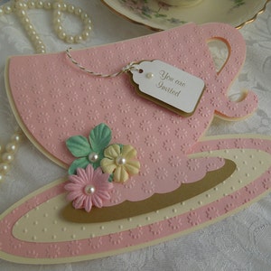 Tea Party Invitation, Teacup Tea Party Birthday Invitation, Bridal Tea Party Invitation in pink, gold and cream, set of 8
