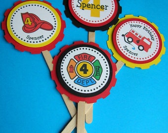 Personalized Fire Truck Cupcake Toppers, Birthday Party Decor (Set of 12)