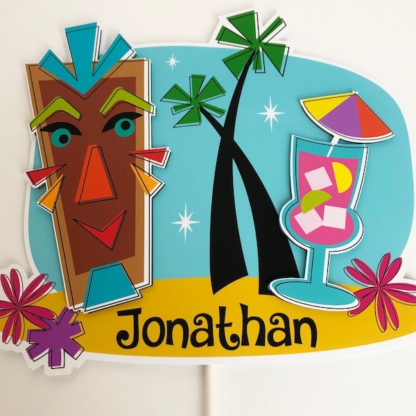 Retro Tiki Cake Topper, Personalized Tiki Cake Topper