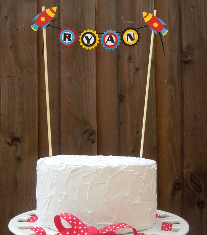 Mini Cake Banner / Bunting Centerpiece for Rocket Spaceship Birthday Party, Personalized image 1