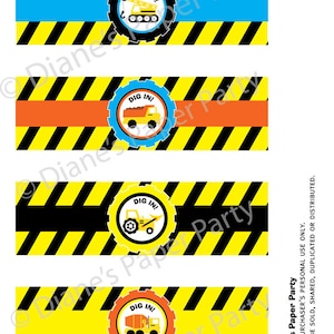May include: Four printable favor tags with a construction theme. Each tag features a yellow and black striped background with a circle containing a construction vehicle and the text "DIG IN!"