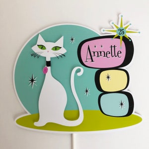 Retro Atomic Cat Cake Topper, Personalized Mid Century Modern White Cat Cake Topper