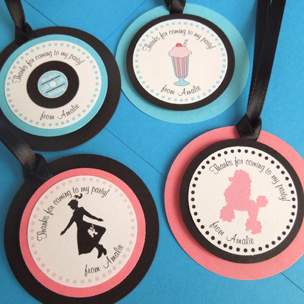Sock Hop Birthday Favor Tags (set of 12), 1950s Theme Party Thank You Favor Tags