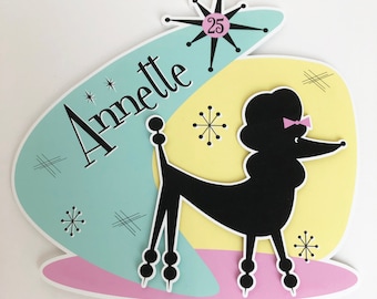 Retro Atomic Poodle Cake Topper, Personalized Mid Century Modern Poodle Cake Topper