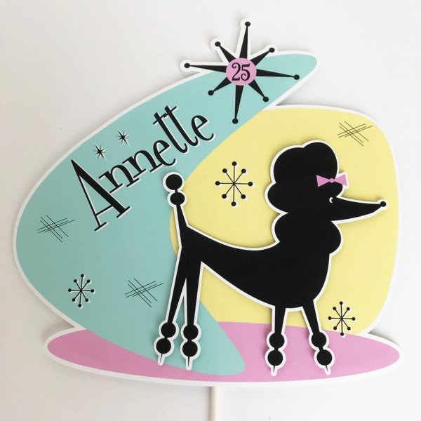 Retro Atomic Poodle Cake Topper, Personalized Mid Century Modern Poodle Cake Topper