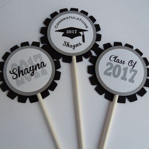 Graduation 2025 Cupcake Toppers, Personalized Set of 12 Graduation Cupcake Toppers, Class of 2025 Cupcake Toppers in silver