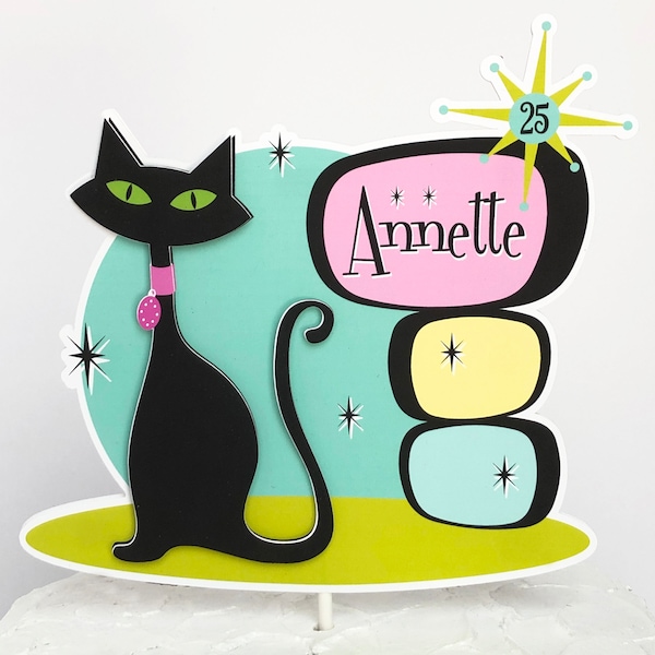 Retro Atomic Black Cat Cake Topper, Mid Century Modern, Personalized