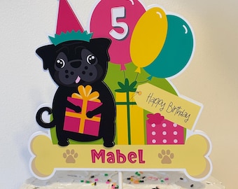 Personalized Black Pug Birthday Cake Topper: Party Balloons
