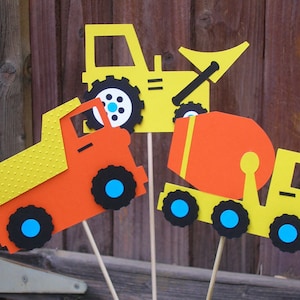 Construction Theme Centerpiece Picks, Bulldozer, Dump Truck and Cement Mixer (set of 3)