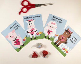 Farm Animals Valentine Card, Classroom Valentines, Instant Download Printable File, Horse, Cow, Pig, Sheep