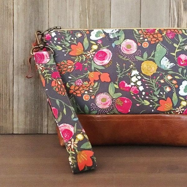 Large Cosmetic Zipper Bag - Diaper Clutch - Faux Leather Handbag - Fabric Pouch - Art Gallery Fabric - Boho Chic - MakeUp Case