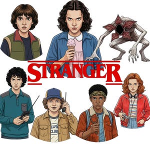 Puede incluir: Ilustraciones de dibujos animados de personajes de la serie "Stranger Things". Los personajes están representados con diferentes atuendos y poses. La palabra "STRANGER" está escrita en rojo en la imagen.