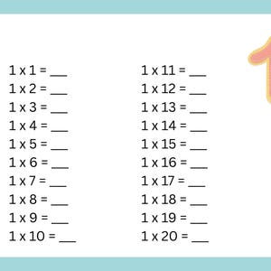 Peut inclure: Un bloc-notes blanc avec une reliure spirale turquoise présente des problèmes de multiplication, en particulier la table de 1. Un grand chiffre 1 coloré se trouve dans le coin supérieur droit. La page est divisée en deux colonnes d'équations.