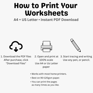 May include: White graphic with black text: "How to Print Your Worksheets." Instructions include downloading PDF files, printing at 100% scale on A4 or US Letter paper, and tracing. Includes icons of a cloud, printer, and pencil.
