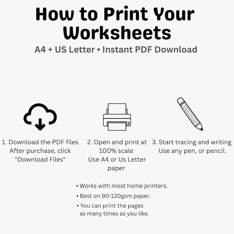 May include: White graphic with black text: "How to Print Your Worksheets." Instructions include downloading PDF files, printing at 100% scale on A4 or US Letter paper, and tracing. Includes icons of a cloud, printer, and pencil.