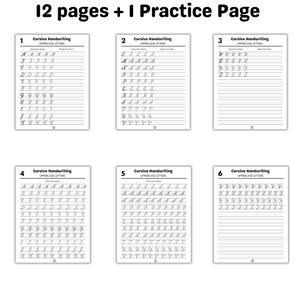 May include: A set of handwriting practice pages for uppercase cursive letters. The pages are white with black text, featuring letter tracing and writing practice. The top of the image reads "12 pages + 1 Practice Page".