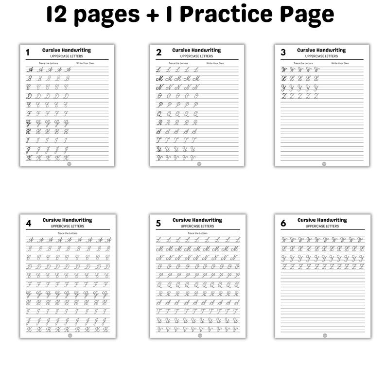 May include: A set of handwriting practice pages for uppercase cursive letters. The pages are white with black text, featuring letter tracing and writing practice. The top of the image reads "12 pages + 1 Practice Page".