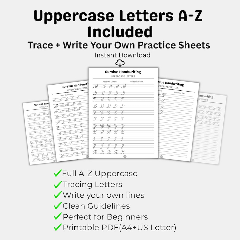 Cursive Handwriting Practice Worksheets – A-Z Tracing Workbook (PDF) - Etsy