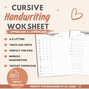 May include: A cursive handwriting worksheet set featuring uppercase and lowercase letters for tracing and writing practice. The document includes A-Z letters, a PDF icon, and text stating CURSIVE HANDWRITING WORKSHEET, UPPERCASE & LOWERCASE.
