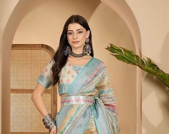 Moderner Digitaldruck-Sari mit Gürtel, trendige Partykleidung Saree-Bluse, moderner Hochzeitslook ausgefallener Sari, Funktionskleidung schwerer Sari
