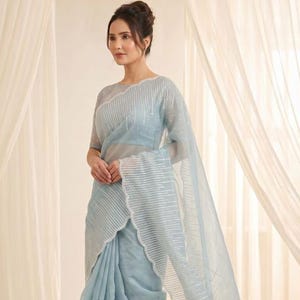 Premium Light Blue Organza Saree Blouse For Women, Heavy Embroidery Sequence Work Party Wear Saree, Heavy Function Designer Sari, Women Gift
