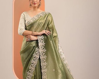 Green Party Wear Saree, Floral Embroidered Organza Indian Ethnic Saree, Festive Fancy saree Blouse For women, gift for her