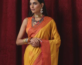 Yellow Red Blended Soft Silk Saree with Blouse, Attractive Festive Party Wear Indian Saree, Traditional Ethnic function saree blouse