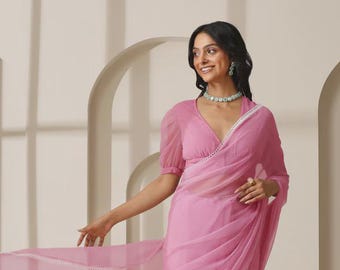 Exclusive Pink Chiffon Saree with Lace and Self Fabric Blouse for women, Party wear soft saree, Traditional Ethnic Wear sari blouse