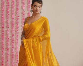 Attractive Yellow Metallic Satin Saree with Kundan Work, Lightweight Party Wear Saree, Designer wedding function wear heavy look saree