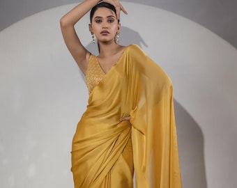Attraente sari in chiffon color giallo burro con camicetta ricamata per donna, sari giallo da indossare per cerimonia nuziale, regalo per donna