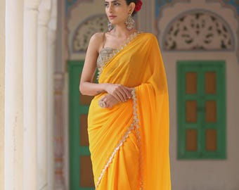 Yellow Sparkle Saree with Gold Sequins & Embellished Blouse, Party wear designer saree wedding function bridal saree women gift