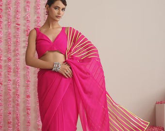 New Arrival Pink and Dual Neon Green Pink Impression Georgette Saree with Blouse , Trending party wear saree, wedding bride sari blouse