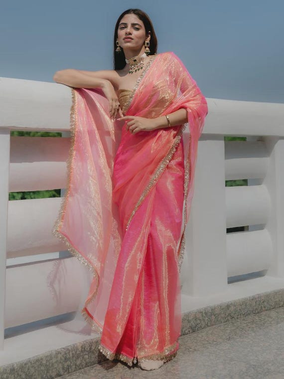 Pink Organza Sequin Saree