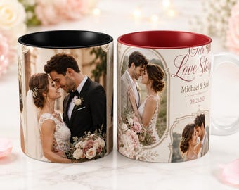Gepersonaliseerde fotomok voor stel, aangepaste koffiekopje jubileum met foto en namen, romantisch cadeau voor vriend-vriendin