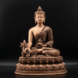 Puede incluir: Estatua de Buda de color bronce en posición de meditación sentado. La estatua presenta intrincados detalles en la túnica y la base de loto. El Buda sostiene un pequeño objeto en una mano y una flor de loto en la otra. El fondo es negro.