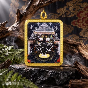 May include: A rectangular gold pendant featuring an intricate embroidered scene of two dancing skeletons in front of a temple structure. The frame has a textured border and a top bail. The artwork uses black, white, and red thread.
