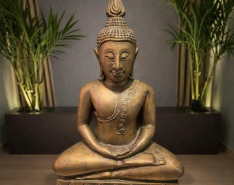 Statua di Buddha tailandese in legno intagliato a mano - Buddha seduto in meditazione alto 21 pollici / Decorazione Zen e tempio con finitura dorata