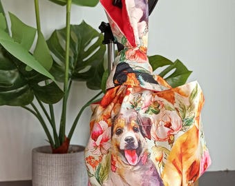 Handmade Japanese Knot Bag with Dog Print, Mini Fabric Wristlet Pouch for Dog Lovers, Small Project Bag, Unique Dog Mom Gift