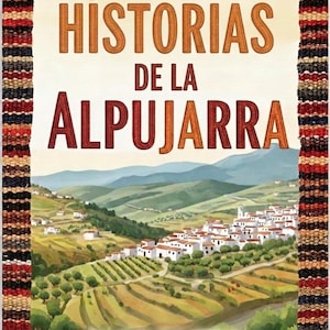 Puede incluir: Portada de libro con el título "Historias de la Alpujarra" en letras naranjas y rojas. La portada presenta una pintura de paisaje de un pueblo con edificios blancos y campos verdes, enmarcada por un borde tejido colorido. El editor es "BLUE EDITOR".